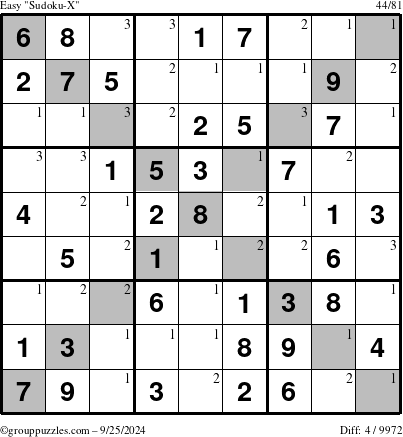 The grouppuzzles.com Easy Sudoku-X puzzle for Wednesday September 25, 2024 with the first 3 steps marked