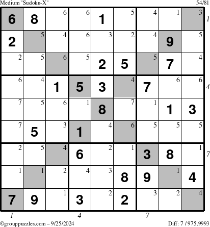 The grouppuzzles.com Medium Sudoku-X puzzle for Wednesday September 25, 2024 with all 7 steps marked