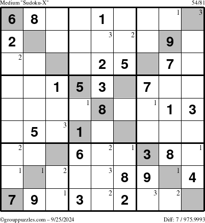 The grouppuzzles.com Medium Sudoku-X puzzle for Wednesday September 25, 2024 with the first 3 steps marked