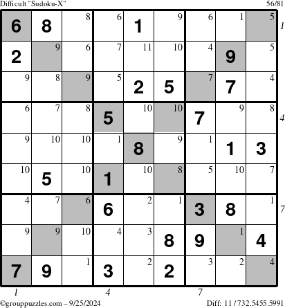 The grouppuzzles.com Difficult Sudoku-X puzzle for Wednesday September 25, 2024 with all 11 steps marked