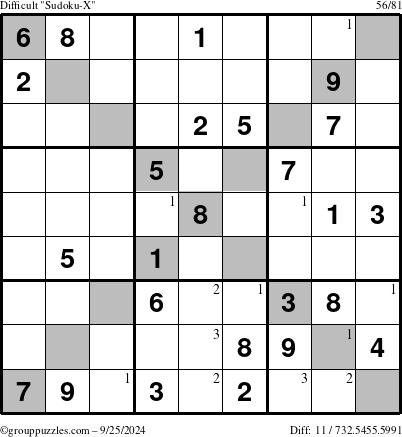 The grouppuzzles.com Difficult Sudoku-X puzzle for Wednesday September 25, 2024 with the first 3 steps marked