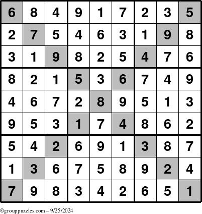 The grouppuzzles.com Answer grid for the Sudoku-X puzzle for Wednesday September 25, 2024