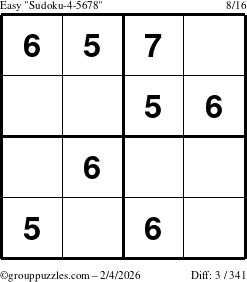 The grouppuzzles.com Easy Sudoku-4-5678 puzzle for Wednesday February 4, 2026