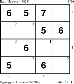 The grouppuzzles.com Easy Sudoku-4-5678 puzzle for Wednesday February 4, 2026 with all 3 steps marked