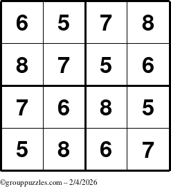 The grouppuzzles.com Answer grid for the Sudoku-4-5678 puzzle for Wednesday February 4, 2026