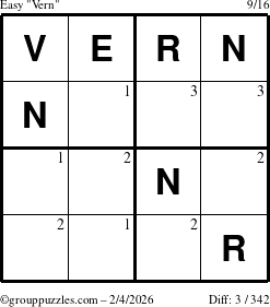 The grouppuzzles.com Easy Vern puzzle for Wednesday February 4, 2026 with the first 3 steps marked