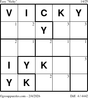 The grouppuzzles.com Easy Vicky puzzle for Wednesday February 4, 2026 with the first 3 steps marked