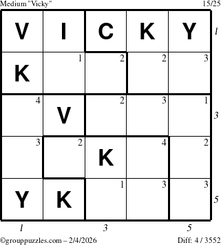 The grouppuzzles.com Medium Vicky puzzle for Wednesday February 4, 2026, suitable for printing, with all 4 steps marked