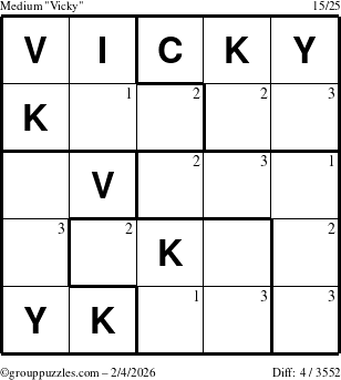The grouppuzzles.com Medium Vicky puzzle for Wednesday February 4, 2026 with the first 3 steps marked