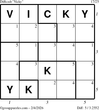 The grouppuzzles.com Difficult Vicky puzzle for Wednesday February 4, 2026 with all 5 steps marked