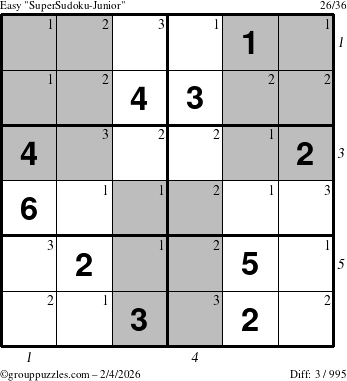 The grouppuzzles.com Easy SuperSudoku-Junior puzzle for Wednesday February 4, 2026 with all 3 steps marked