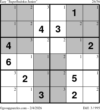 The grouppuzzles.com Easy SuperSudoku-Junior puzzle for Wednesday February 4, 2026 with the first 3 steps marked
