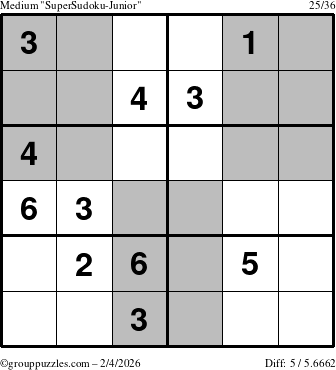 The grouppuzzles.com Medium SuperSudoku-Junior puzzle for Wednesday February 4, 2026