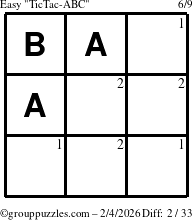 The grouppuzzles.com Easy TicTac-ABC puzzle for Wednesday February 4, 2026 with the first 2 steps marked