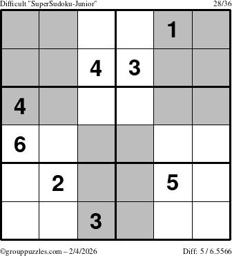 The grouppuzzles.com Difficult SuperSudoku-Junior puzzle for Wednesday February 4, 2026