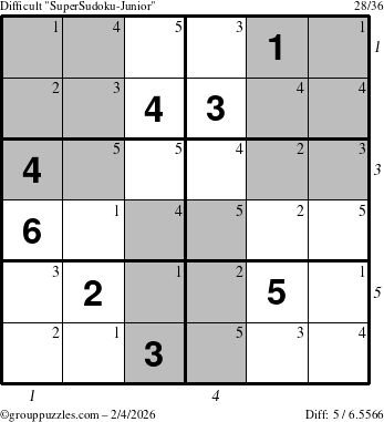 The grouppuzzles.com Difficult SuperSudoku-Junior puzzle for Wednesday February 4, 2026 with all 5 steps marked