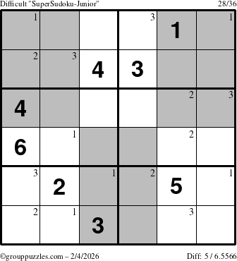 The grouppuzzles.com Difficult SuperSudoku-Junior puzzle for Wednesday February 4, 2026 with the first 3 steps marked