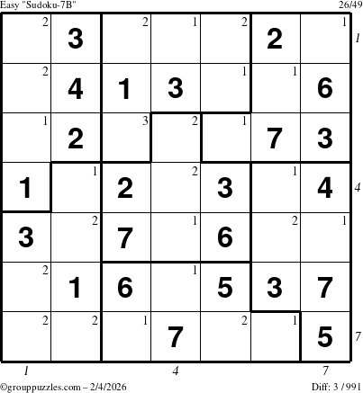 The grouppuzzles.com Easy Sudoku-7B puzzle for Wednesday February 4, 2026 with all 3 steps marked