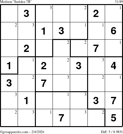 The grouppuzzles.com Medium Sudoku-7B puzzle for Wednesday February 4, 2026 with the first 3 steps marked