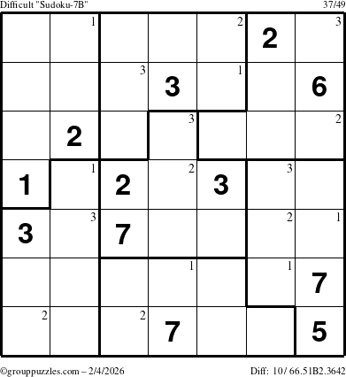 The grouppuzzles.com Difficult Sudoku-7B puzzle for Wednesday February 4, 2026 with the first 3 steps marked