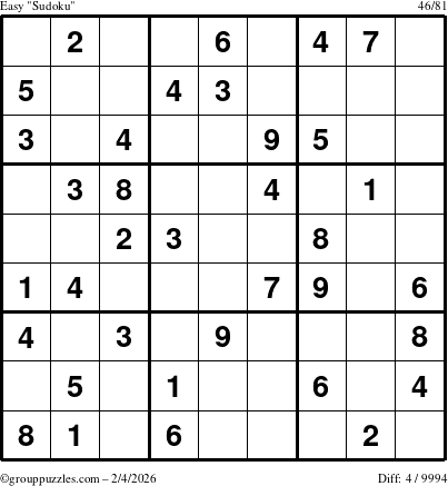 The grouppuzzles.com Easy Sudoku puzzle for Wednesday February 4, 2026