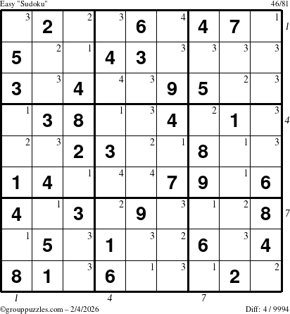 The grouppuzzles.com Easy Sudoku puzzle for Wednesday February 4, 2026 with all 4 steps marked