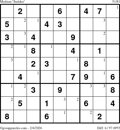 The grouppuzzles.com Medium Sudoku puzzle for Wednesday February 4, 2026 with the first 3 steps marked