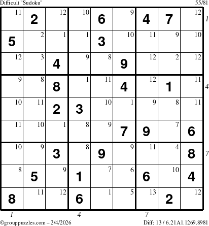 The grouppuzzles.com Difficult Sudoku puzzle for Wednesday February 4, 2026 with all 13 steps marked