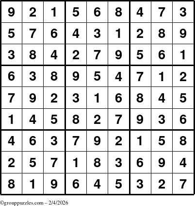 The grouppuzzles.com Answer grid for the Sudoku puzzle for Wednesday February 4, 2026