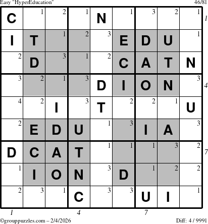 The grouppuzzles.com Easy HyperEducation-i23 puzzle for Wednesday February 4, 2026 with all 4 steps marked