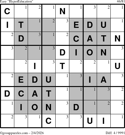 The grouppuzzles.com Easy HyperEducation-i23 puzzle for Wednesday February 4, 2026 with the first 3 steps marked