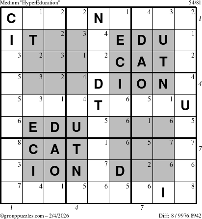The grouppuzzles.com Medium HyperEducation-i23 puzzle for Wednesday February 4, 2026, suitable for printing, with all 8 steps marked