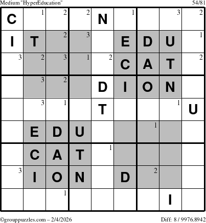 The grouppuzzles.com Medium HyperEducation-i23 puzzle for Wednesday February 4, 2026 with the first 3 steps marked