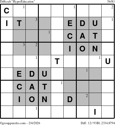 The grouppuzzles.com Difficult HyperEducation-i23 puzzle for Wednesday February 4, 2026 with the first 3 steps marked