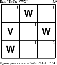The grouppuzzles.com Easy TicTac-VWX puzzle for Wednesday February 4, 2026 with the first 2 steps marked