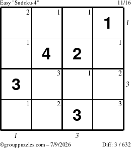 The grouppuzzles.com Easy Sudoku-4 puzzle for Thursday July 9, 2026, suitable for printing, with all 3 steps marked