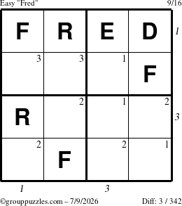 The grouppuzzles.com Easy Fred puzzle for Thursday July 9, 2026, suitable for printing, with all 3 steps marked