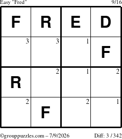 The grouppuzzles.com Easy Fred puzzle for Thursday July 9, 2026 with the first 3 steps marked