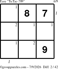 The grouppuzzles.com Easy TicTac-789 puzzle for Thursday July 9, 2026 with all 2 steps marked