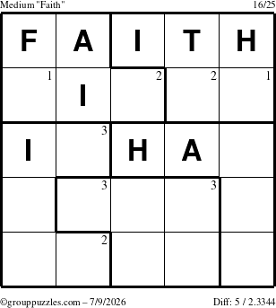 The grouppuzzles.com Medium Faith puzzle for Thursday July 9, 2026 with the first 3 steps marked