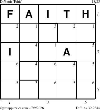 The grouppuzzles.com Difficult Faith puzzle for Thursday July 9, 2026 with all 6 steps marked