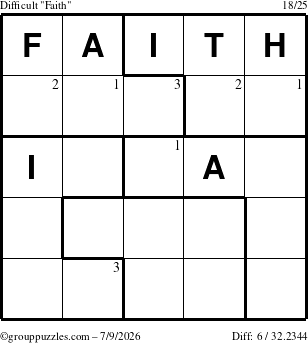 The grouppuzzles.com Difficult Faith puzzle for Thursday July 9, 2026 with the first 3 steps marked