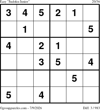 The grouppuzzles.com Easy Sudoku-Junior puzzle for Thursday July 9, 2026
