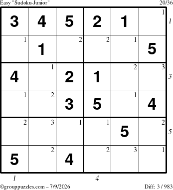 The grouppuzzles.com Easy Sudoku-Junior puzzle for Thursday July 9, 2026 with all 3 steps marked
