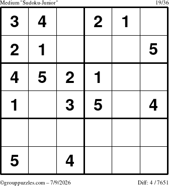The grouppuzzles.com Medium Sudoku-Junior puzzle for Thursday July 9, 2026