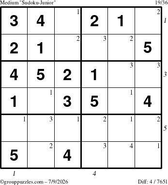 The grouppuzzles.com Medium Sudoku-Junior puzzle for Thursday July 9, 2026 with all 4 steps marked