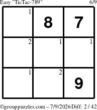 The grouppuzzles.com Easy TicTac-789 puzzle for Thursday July 9, 2026 with the first 2 steps marked