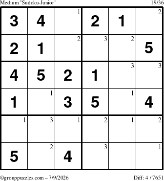The grouppuzzles.com Medium Sudoku-Junior puzzle for Thursday July 9, 2026 with the first 3 steps marked