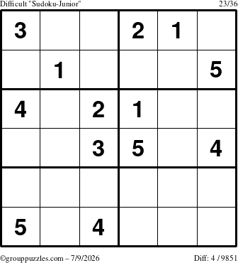 The grouppuzzles.com Difficult Sudoku-Junior puzzle for Thursday July 9, 2026