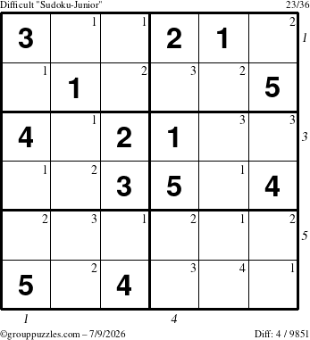 The grouppuzzles.com Difficult Sudoku-Junior puzzle for Thursday July 9, 2026 with all 4 steps marked